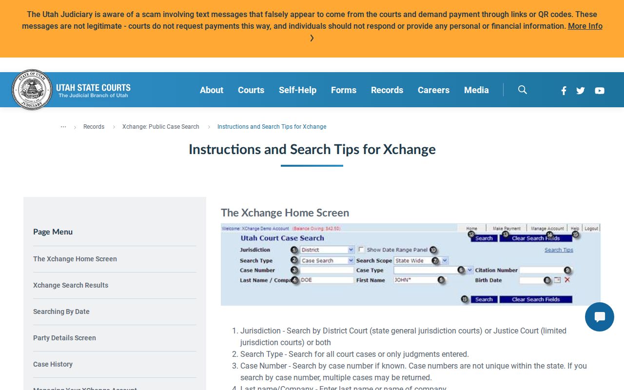 Xchange search fields for Sanpete County court record search